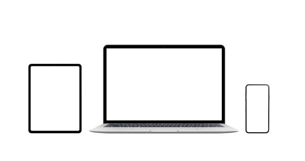 istock Laptop, phone and tablet isolated. Modern devices with thin edges. Isolated screen for mockup, app or web site presentation 1193570278