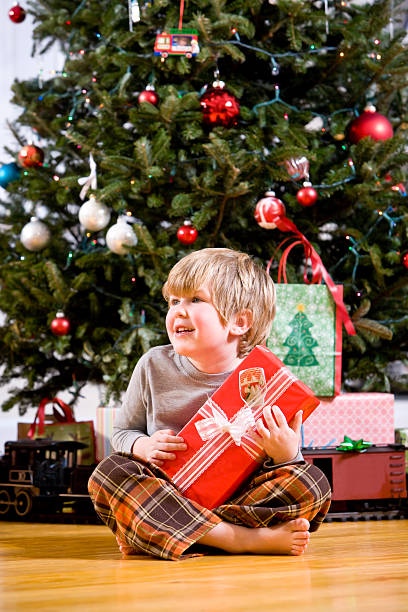 istock Little boy by Christmas tree holding present 119357225