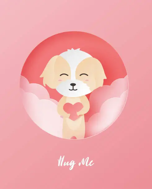 Vector illustration of Valentines day greeting card with happy dog and heart shape in paper cut style. Digital craft paper art valentine's day concept.