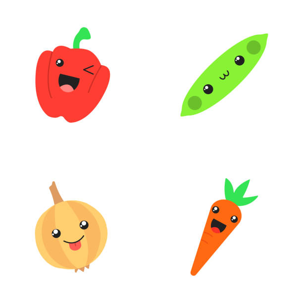 ilustraciones, imágenes clip art, dibujos animados e iconos de stock de vegetales lindo kawaii diseño plano largos personajes de sombra conjunto - green pea pea pod vegetable cute