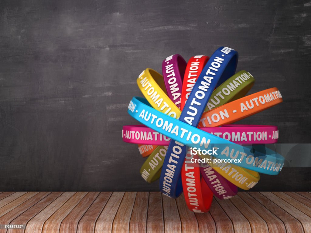 Circular Ribbons with AUTOMATION Word on Chalkboard Background - 3D Rendering Automated Stock Photo