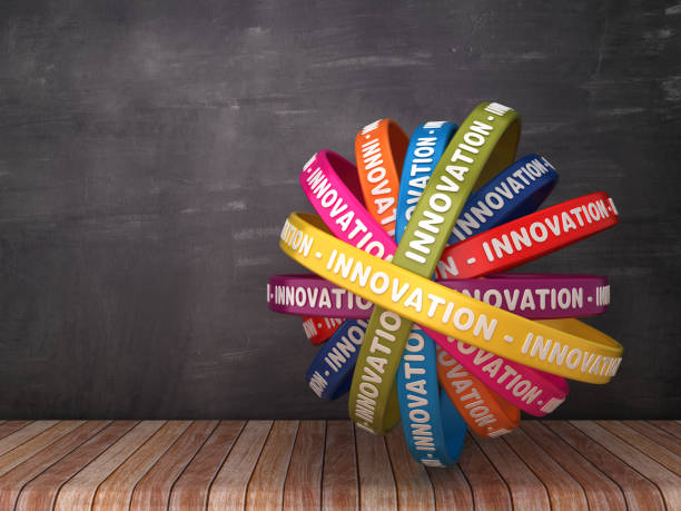 istock Circular Ribbons with INNOVATION Word on Chalkboard Background - 3D Rendering 1193575450