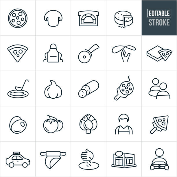pizza thin line icons - editable stroke - brick oven stock-grafiken, -clipart, -cartoons und -symbole