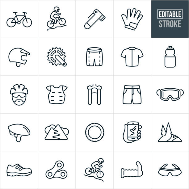 Mountain Biking Thin Line Icons - Editable Stroke A set of mountain biking icons that include editable strokes or outlines using the EPS vector file. The icons include a mountain bike, mountain biker, tire pump, gloves, equipment, helmet, sprocket, gear, riding shorts, riding jersey, water bottle, safety gear, bike components, shocks, riding shorts, goggles, mountain trails, bike tire, gps, shoes, chain, handgrip and glasses. Chest Protector stock illustrations