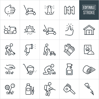 A set of lawn care icons that include editable strokes or outlines using the EPS vector file. The icons include a push lawn mower, riding lawnmower, planting grass, laying sod, sprinkler, picket fence, electric lawnmower, green thumb, shed, raking, person mowing the lawn, spray nozzle, gardening gloves, fertilizer, grass, lawn, fertilizer spreader, gardener, spray bottle, pesticides, dandelion, pump sprayer, leaf blower and grass trimmer.