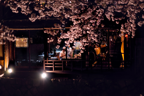 Kyoto, Japan - April 16, 2019: Gion in spring during dark night and people sitting eating in Namisato restaurant izakaya by illuminated sakura flowers blossoms