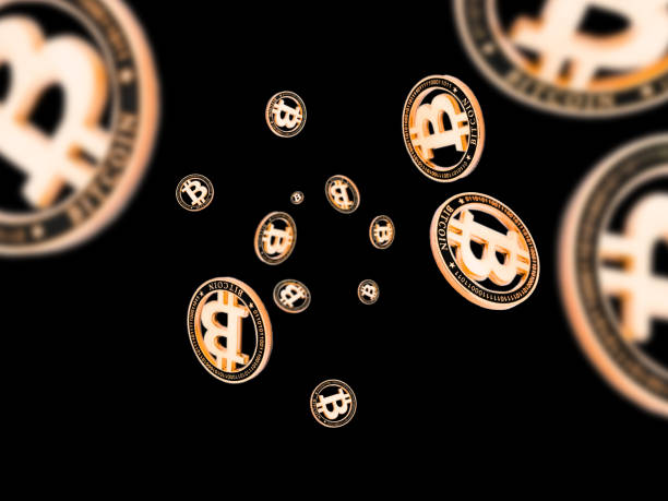 istock Bit coin. Falling Gold Cryptocurrency isolated on dark background. Litecoin, Ethereum CryptoCash 1193577425