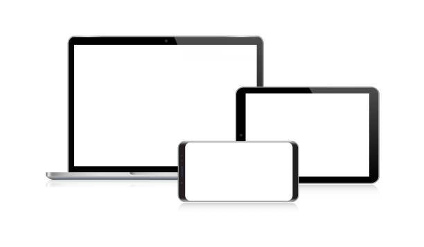 istock Laptop, Tablet, Smartphone, Mobile Phone In Black And Silver Color With Reflection, Realistic Vector Illustration 1193577495