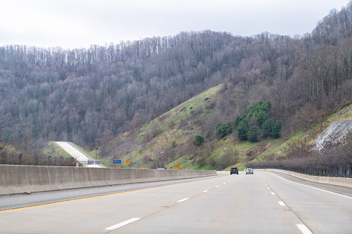 Erwin, USA - April 19, 2018: Smoky Mountains view near Asheville, North Carolina at Tennessee border i26 highway with traffic cars