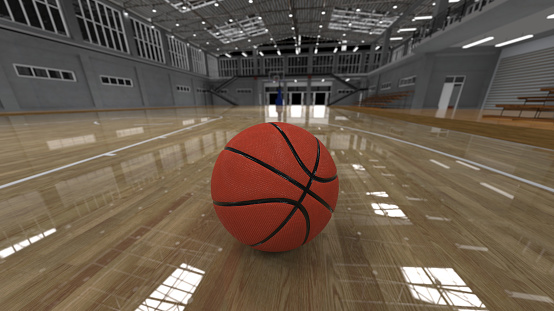Basketball ball on shiny parquet flooring school court empty 3d render
