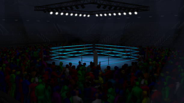 Box arena under spotlights, boxings fans waiting for boxers to arrive 3d render stock photo