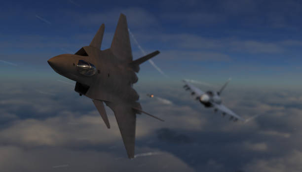 istock Chinese jet fighter showing some maneuver to avoid missile from eurofighter jet 3d render 1193581602