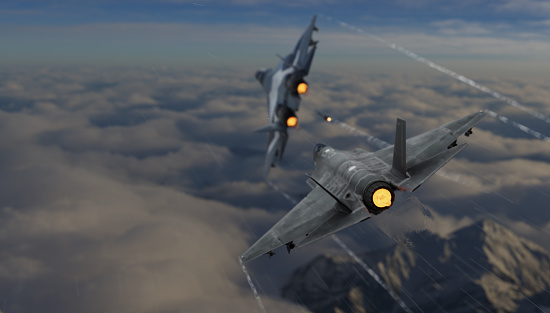 F-35 stealth jet fighter chasing russian su-57 jet figter dogfight 3d render
