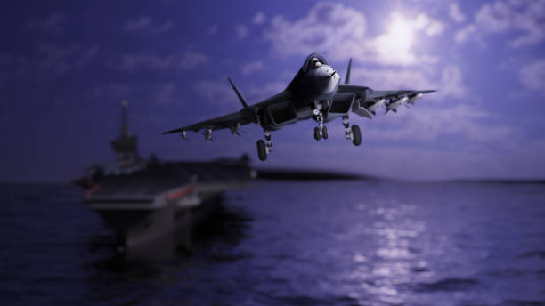istock Russian jet flying away from aircraft carrier after take off 3d render 1193581643