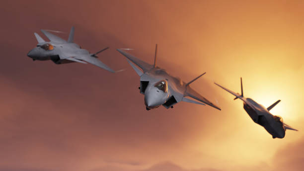 istock Chinese jet fighters flying together in formation  red sky 3d render 1193581649