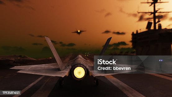 istock American jet fighter preparing to take of from aircraft carrier 3d render 1193581651