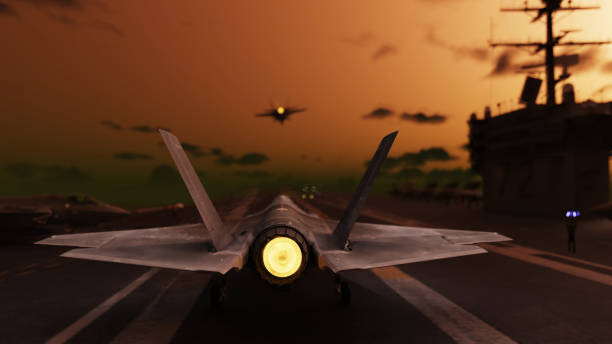 American jet fighter preparing to take of from aircraft carrier 3d render American jet fighter preparing to take of from aircraft carrier 3d render landing touching down stock pictures, royalty-free photos & images