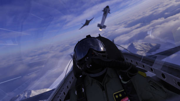 o piloto de avião que olha acima de um míssil que voa sobre na cena 3d do combate aéreo render - flying jet fighter plane air vehicle - fotografias e filmes do acervo