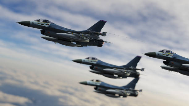 f-16戦闘機は、指4形成3dレンダーで一緒に雲の上を飛ぶ - teamwork flying fighter plane airshow ストックフォトと画像