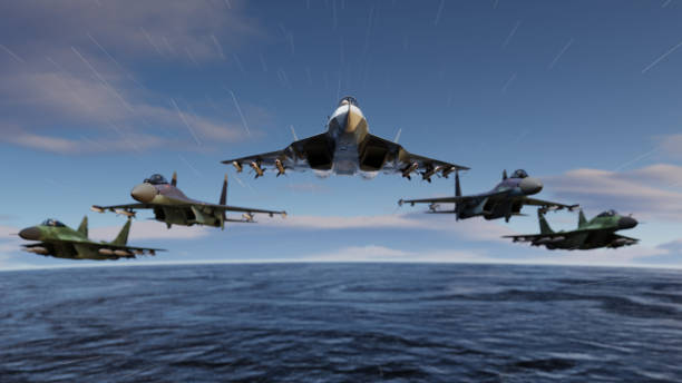 istock Different type of russian jets flying all together in formation 3d render 1193581664