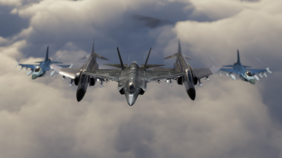 Different types of american jet fighters flying over clouds in flypast formation 3d render