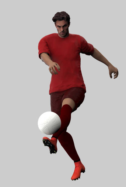 빨간색과 주황색 저지에서 축구 선수는 공을 발로 고립 된 전체 길이 3d 렌더링 - 2675 뉴스 사진 이미지