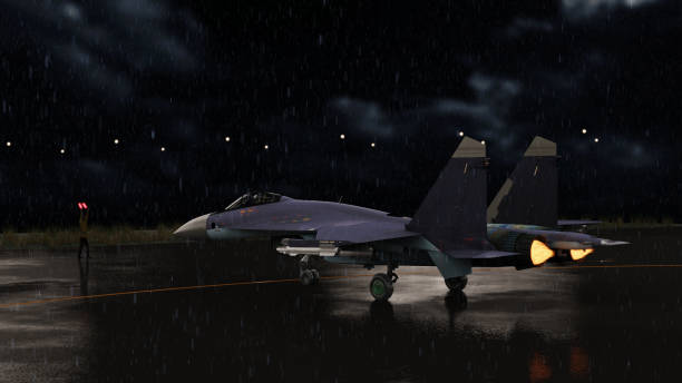 istock Russian jet fighter heading to runway engines running under rain 3d render 1193581760