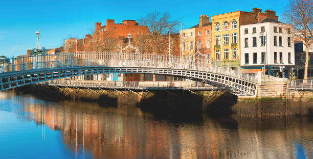 istock Dublin, panoramic image of Half penny bridge, or Ha'penny bridge, on a bright day with beautiful reflection of historic houses and pubs of the riverside in river Liffey 1193583065