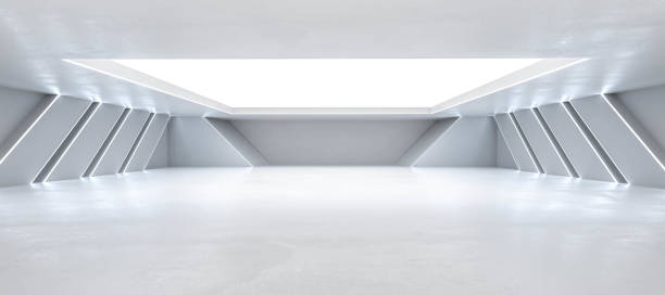 salão de armazém de arquitextura de fundo branco abstrato com iluminação futurista azul 3d render ilustração - architexture - fotografias e filmes do acervo