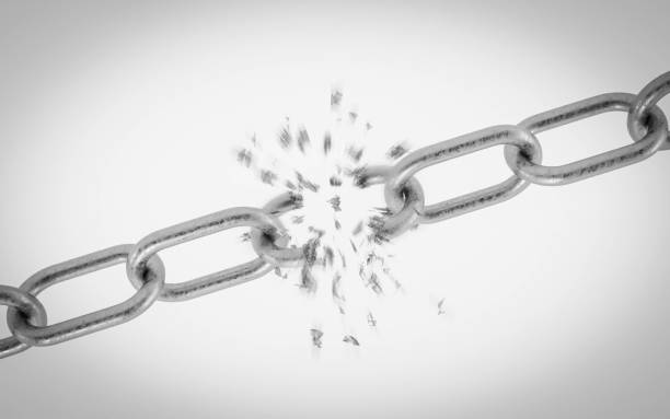 breaking metal chain on white background 3d illustration render - business slave imagens e fotografias de stock