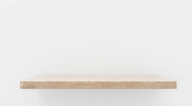 istock Empty brown wood plank board shelf on white wall background 3d illustration render 1193584537
