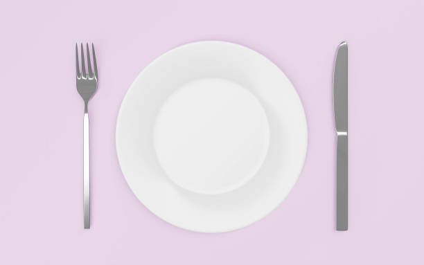 istock Empty plate, fork and knife - isolated on pink rosee table 3d render illustration 1193584561