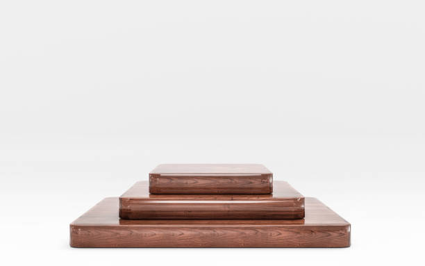 istock Minimalistic glossy wooden showcase with steps and empty space in modern futuristic style on white background 3d illustration render 1193584884