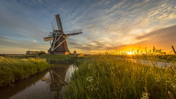 istock Wooden windmill grass and flowers 1193585712