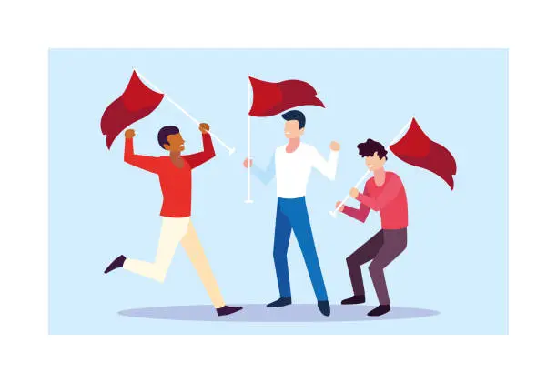 Vector illustration of young men holding a red flag