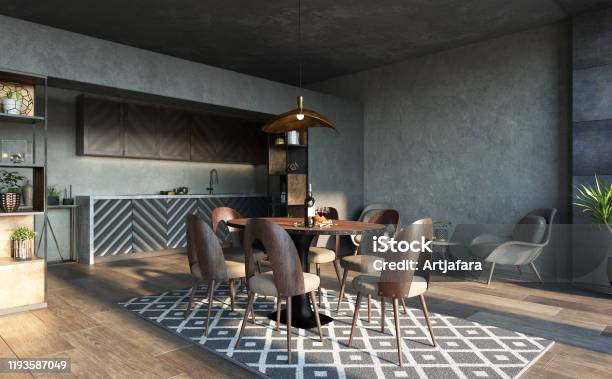 Kitchen Interior In Loft Industrial Style Stock Photo - Download Image Now - Indoors, Design, Kitchen