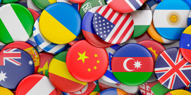istock Heap of badges with world flags, 3D rendering 1193588370