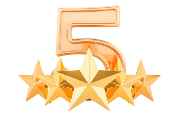 istock 5 five golden stars concept, 3D rendering isolated on white background 1193588404