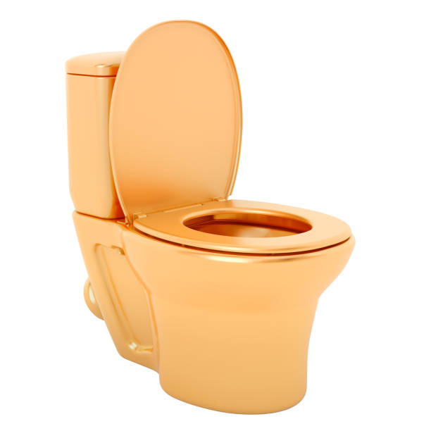 istock Golden toilet bowl, 3D rendering isolated on white background 1193588405