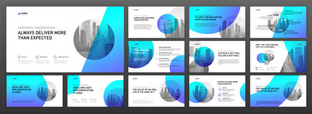 Business presentation templates set Business presentation templates set. Use for modern presentation background, brochure design, website slider, landing page, annual report, company profile. blue powerpoint template stock illustrations