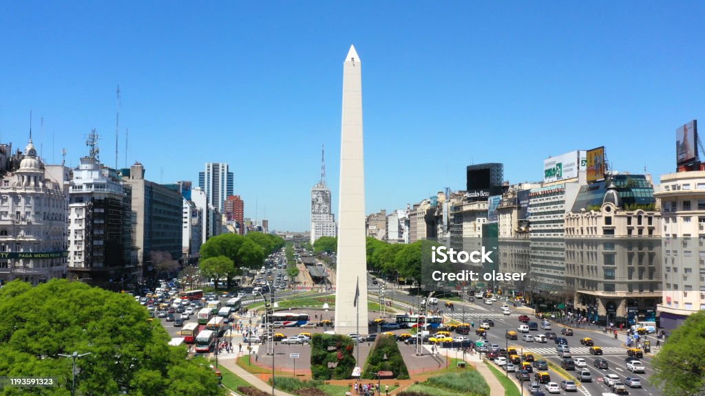 Obelisk landmark in Buenos Aires and green letters BA Obelisk of Buenos Aires, historic monument and icon of Buenos Aires, located in the Plaza de la Republica in the intersection of avenues Corrientes and 9 de Julio, Buenos Aires, Argentina Buenos Aires Stock Photo