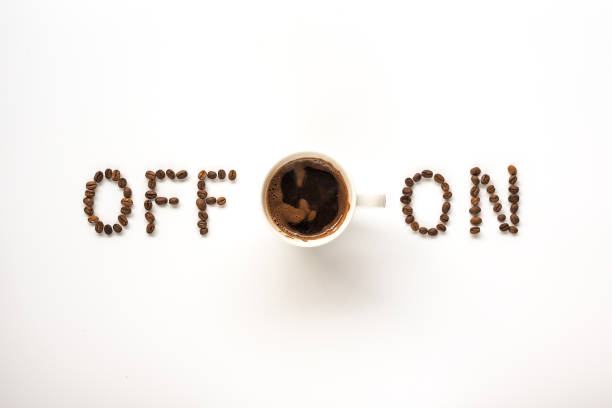 istock Cup of hot black coffee , top view with On and Off switch about coffee 1193593683