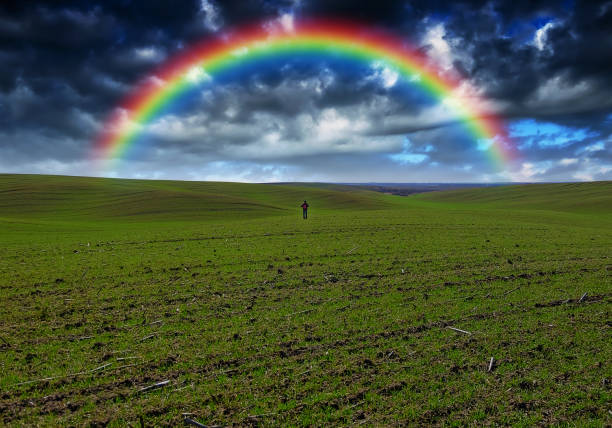 istock rainbow in the field. picturesque sky over a hilly field. after a thunderstorm 1193601074
