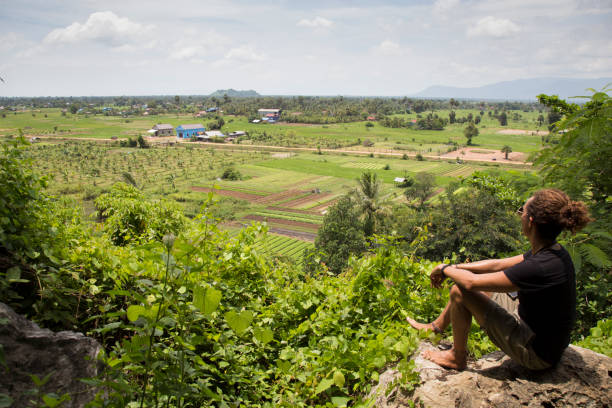 istock Male tourist looking at green rice paddy fields from high angle, Cambodia 1193601828
