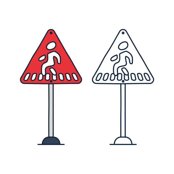 Vector illustration of Pedestrian crossing warning sign, red triangle sign with pedestrian crosswalk symbol, vector illustration.