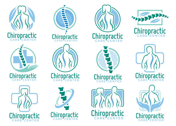 카이로 프랙틱 기호 벡터, 척추 건강 관리 의료 기호 또는 아이콘 팩 또는 컬렉션의 집합입니다. - chiropractic adjustment chiropractor human spine human bone stock illustrations