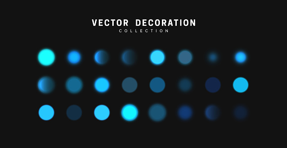 Glowing blue bokeh lights. Sparkles vibrant blurry round dots glow texture. Set of design elements.