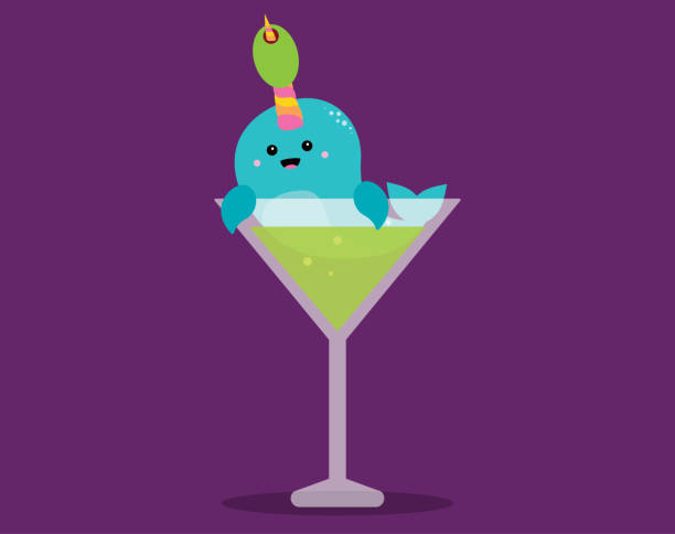 Narwhal Martini A vector illustration of a narwhal in a martini glass. unicorn fish stock illustrations