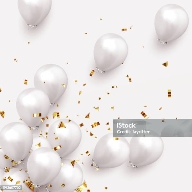 Праздничный Фон С Гелиевыми Шариками Празднуйте День Рождения Плакат Баннер С Юбилеем — стоковая векторная графика и другие изображения на тему Воздушный шарик
