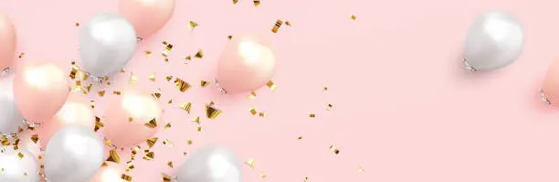 Vector illustration of Festive background with helium balloons. Celebrate a birthday, Poster, banner happy anniversary. Realistic decorative design elements. Vector 3d object ballon, pink and white color.